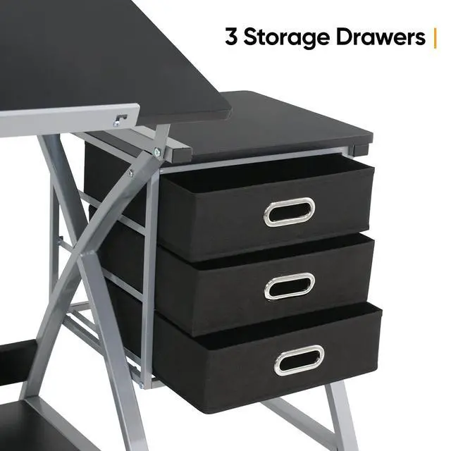 Alt view image 5 of 6 - Drafting Table and Stool, Tilted Draft Table Desk w/Drawers, Artist Drawing Desk Craft Table for Drafting, Painting, Reading, Writing