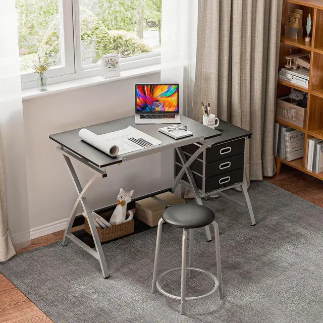 Alt view image 6 of 6 - Drafting Table and Stool, Tilted Draft Table Desk w/Drawers, Artist Drawing Desk Craft Table for Drafting, Painting, Reading, Writing