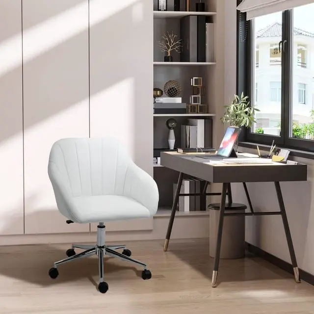 Alt view image 2 of 6 - Mid Back Home Office Chair Computer Desk Chair with PU Leather, Adjustable Height, Swivel Wheels for Study, Bedroom, White