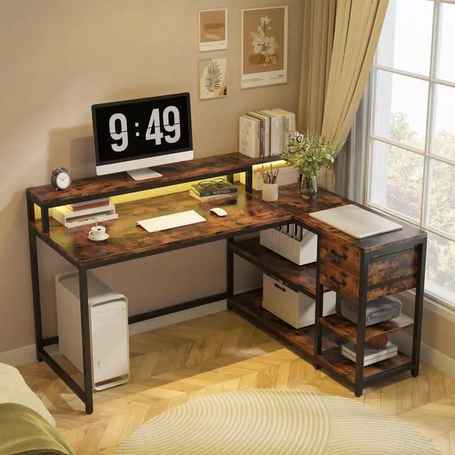 Main image of L Shaped Desk with Drawers and Storage Shelves, Home Office L Corner Desk with Monitor Stand, 55" x 24" Desktop Computer Table, Gaming Study Table for Small Space