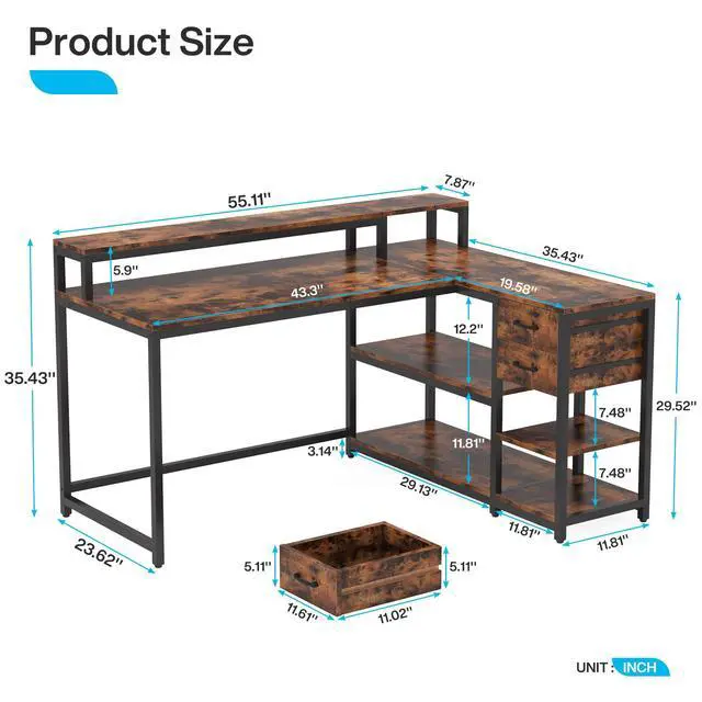 Alt view image 2 of 6 - L Shaped Desk with Drawers and Storage Shelves, Home Office L Corner Desk with Monitor Stand, 55" x 24" Desktop Computer Table, Gaming Study Table for Small Space