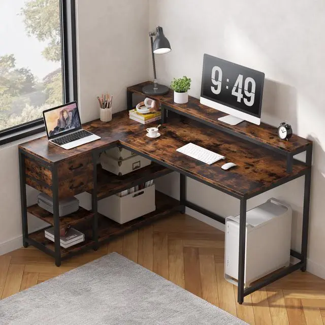 Alt view image 3 of 6 - L Shaped Desk with Drawers and Storage Shelves, Home Office L Corner Desk with Monitor Stand, 55" x 24" Desktop Computer Table, Gaming Study Table for Small Space