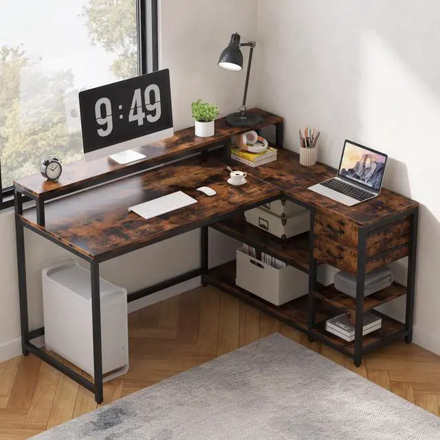 Alt view image 4 of 6 - L Shaped Desk with Drawers and Storage Shelves, Home Office L Corner Desk with Monitor Stand, 55" x 24" Desktop Computer Table, Gaming Study Table for Small Space