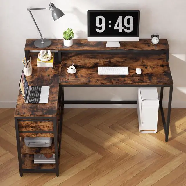 Alt view image 5 of 6 - L Shaped Desk with Drawers and Storage Shelves, Home Office L Corner Desk with Monitor Stand, 55" x 24" Desktop Computer Table, Gaming Study Table for Small Space