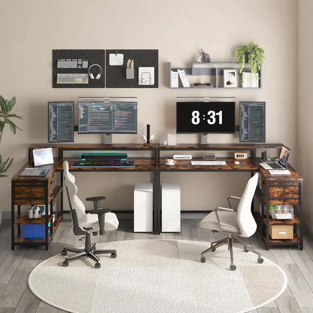 Alt view image 6 of 6 - L Shaped Desk with Drawers and Storage Shelves, Home Office L Corner Desk with Monitor Stand, 55" x 24" Desktop Computer Table, Gaming Study Table for Small Space