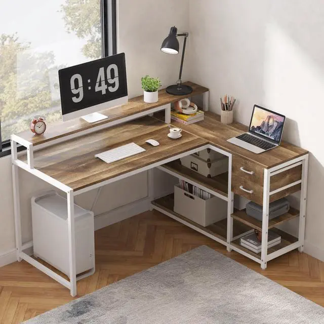 Main image of L Shaped Desk with Drawers and Storage Shelves, Corner Home Office Desk with Monitor Stand, 55" x 24" Desktop Computer Table, Gaming Study for Small Space (Oak)