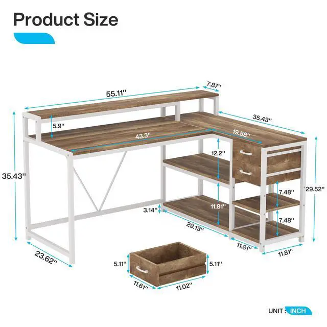 Alt view image 2 of 6 - L Shaped Desk with Drawers and Storage Shelves, Corner Home Office Desk with Monitor Stand, 55" x 24" Desktop Computer Table, Gaming Study for Small Space (Oak)