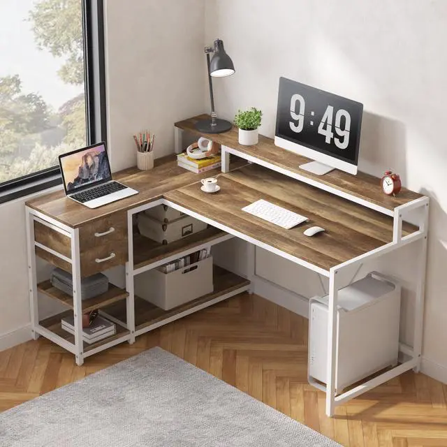 Alt view image 3 of 6 - L Shaped Desk with Drawers and Storage Shelves, Corner Home Office Desk with Monitor Stand, 55" x 24" Desktop Computer Table, Gaming Study for Small Space (Oak)