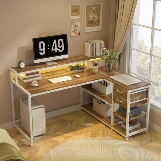 Alt view image 4 of 6 - L Shaped Desk with Drawers and Storage Shelves, Corner Home Office Desk with Monitor Stand, 55" x 24" Desktop Computer Table, Gaming Study for Small Space (Oak)
