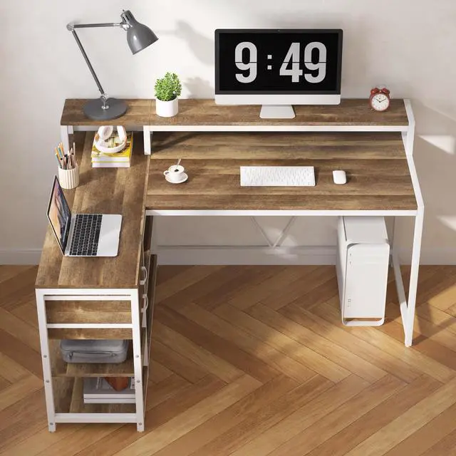 Alt view image 5 of 6 - L Shaped Desk with Drawers and Storage Shelves, Corner Home Office Desk with Monitor Stand, 55" x 24" Desktop Computer Table, Gaming Study for Small Space (Oak)