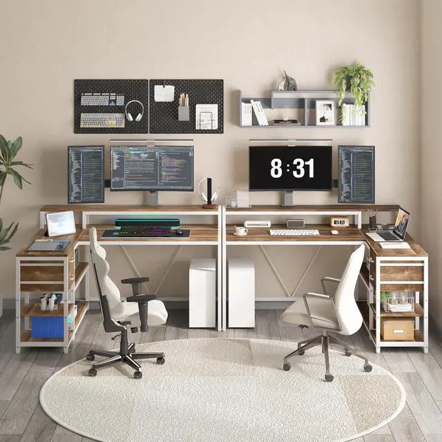 Alt view image 6 of 6 - L Shaped Desk with Drawers and Storage Shelves, Corner Home Office Desk with Monitor Stand, 55" x 24" Desktop Computer Table, Gaming Study for Small Space (Oak)