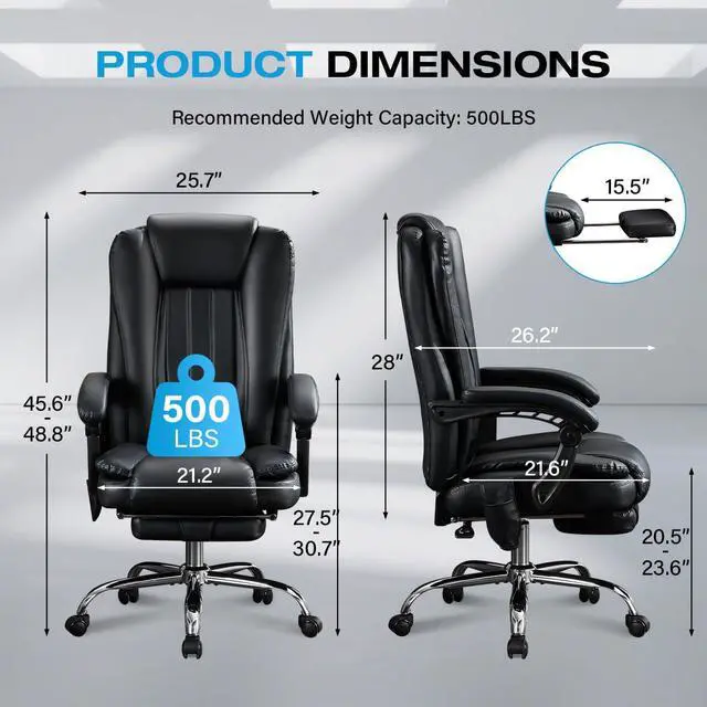 Alt view image 3 of 6 - Massage Office Chair with Foot Rest for Heavy People 500lbs Big and Tall Office Chairs with 6 Vibration Points and Heating Function for 8 Hours daliy Work,Ergonomic Executive Desk Chair (Black)