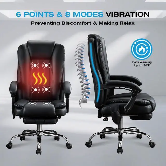 Alt view image 4 of 6 - Massage Office Chair with Foot Rest for Heavy People 500lbs Big and Tall Office Chairs with 6 Vibration Points and Heating Function for 8 Hours daliy Work,Ergonomic Executive Desk Chair (Black)