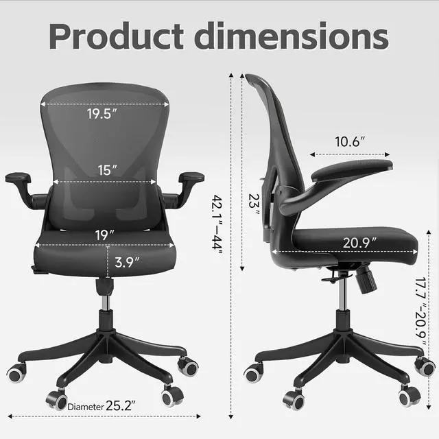 Alt view image 2 of 6 - Ergonomic Office Chair with Adjustable Flip-Up Armrests & Lumbar Support - Thickened Cushion Desk Chair with Wheels, Home Office Computer Chair (Black)