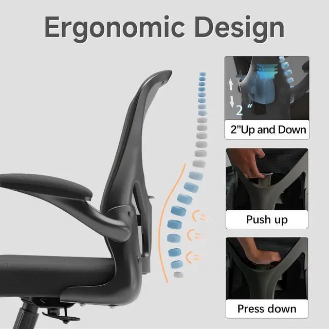 Alt view image 4 of 6 - Ergonomic Office Chair with Adjustable Flip-Up Armrests & Lumbar Support - Thickened Cushion Desk Chair with Wheels, Home Office Computer Chair (Black)
