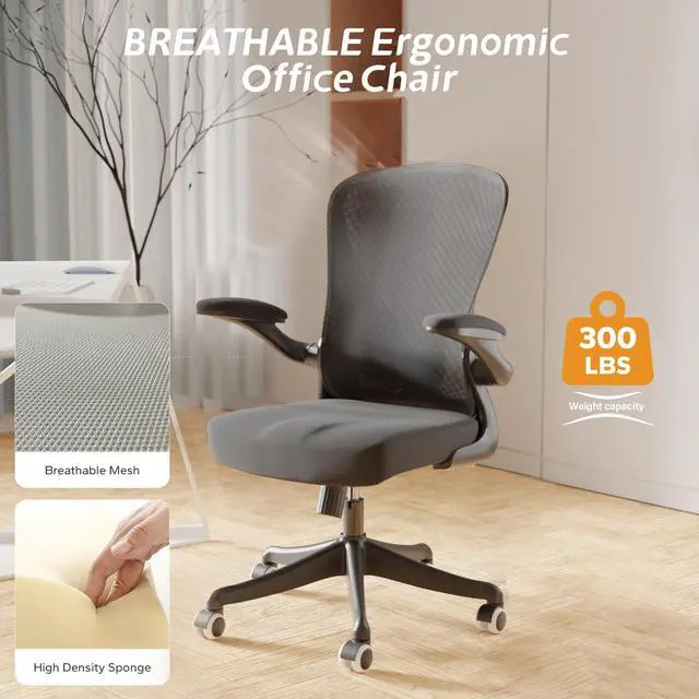 Alt view image 5 of 6 - Ergonomic Office Chair with Adjustable Flip-Up Armrests & Lumbar Support - Thickened Cushion Desk Chair with Wheels, Home Office Computer Chair (Black)