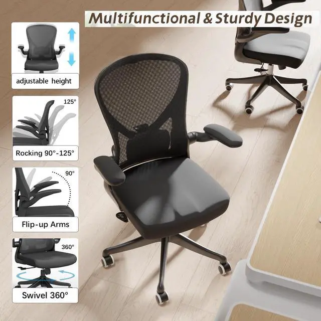 Alt view image 6 of 6 - Ergonomic Office Chair with Adjustable Flip-Up Armrests & Lumbar Support - Thickened Cushion Desk Chair with Wheels, Home Office Computer Chair (Black)