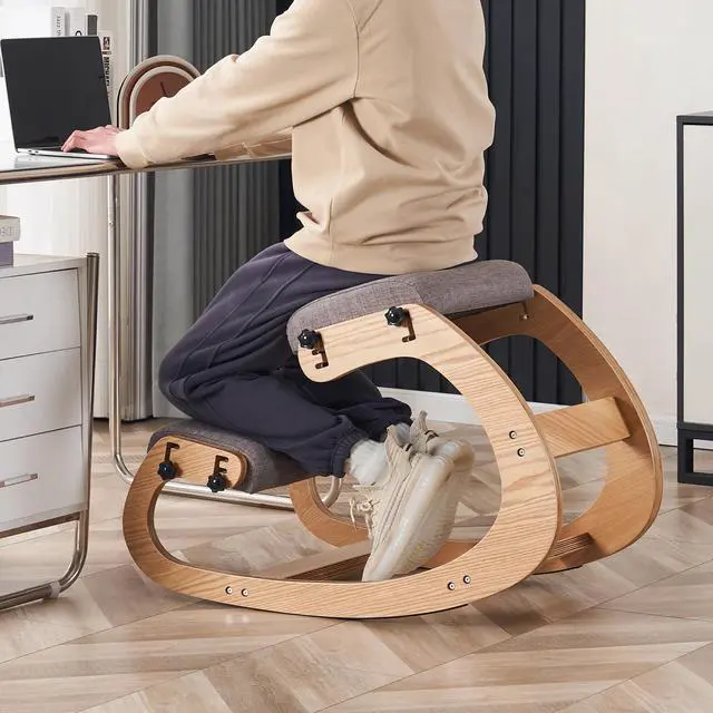 Alt view image 2 of 6 - Ergonomic Kneeling Chair, Adjustable Rocking Office Chair Wooden Knee Chair Posture Chair for Home Office Back Pain Relief, Grey