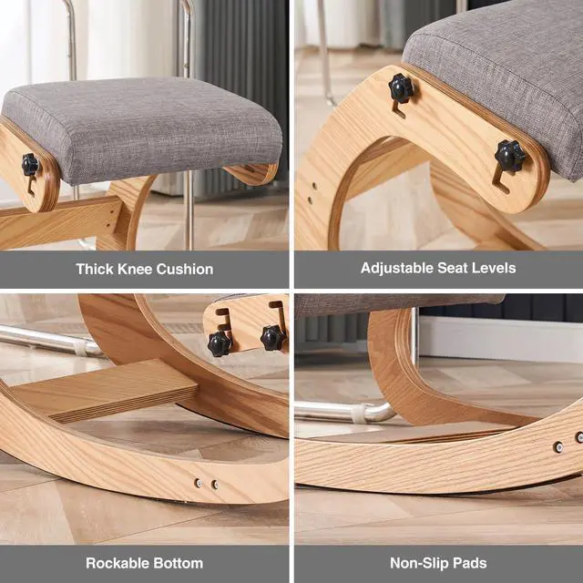 Alt view image 6 of 6 - Ergonomic Kneeling Chair, Adjustable Rocking Office Chair Wooden Knee Chair Posture Chair for Home Office Back Pain Relief, Grey