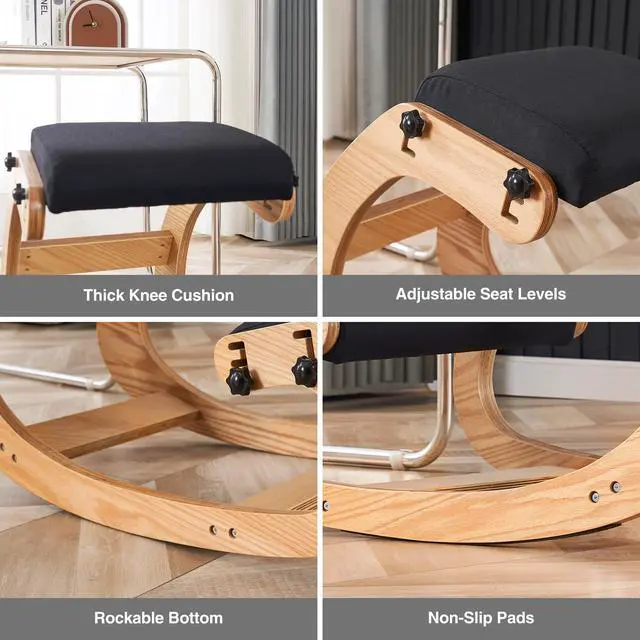 Alt view image 6 of 6 - Ergonomic Kneeling Chair, Adjustable Rocking Office Chair Wooden Knee Chair Posture Chair for Home Office Back Pain Relief, Black