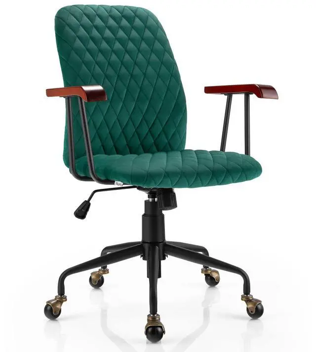 Main image of Home Office Desk Chair Green, Vintage Adjustable Swivel Rolling Chair with Copper Wheels & Armrest, Mid Century Leisure Chair, Velvet Upholstered Computer Chair for Work, Study