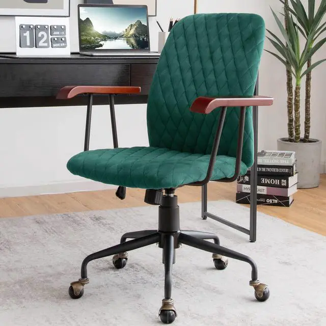 Alt view image 2 of 6 - Home Office Desk Chair Green, Vintage Adjustable Swivel Rolling Chair with Copper Wheels & Armrest, Mid Century Leisure Chair, Velvet Upholstered Computer Chair for Work, Study