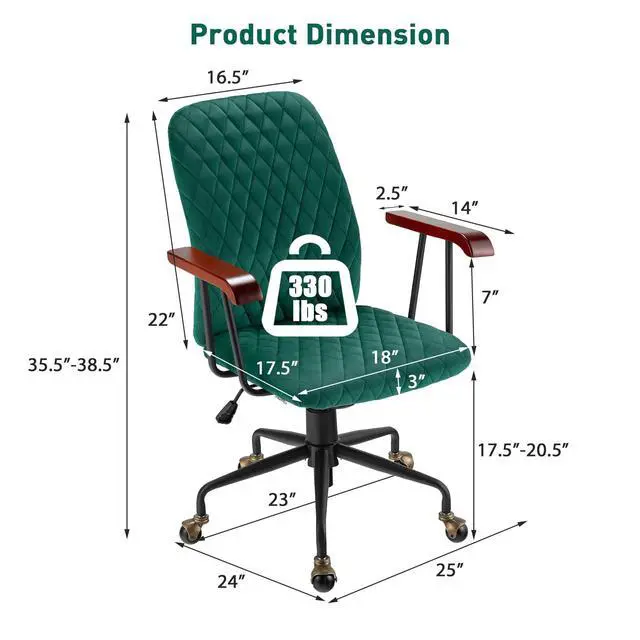 Alt view image 3 of 6 - Home Office Desk Chair Green, Vintage Adjustable Swivel Rolling Chair with Copper Wheels & Armrest, Mid Century Leisure Chair, Velvet Upholstered Computer Chair for Work, Study