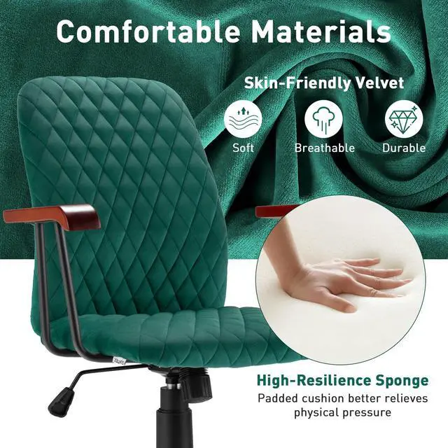 Alt view image 4 of 6 - Home Office Desk Chair Green, Vintage Adjustable Swivel Rolling Chair with Copper Wheels & Armrest, Mid Century Leisure Chair, Velvet Upholstered Computer Chair for Work, Study