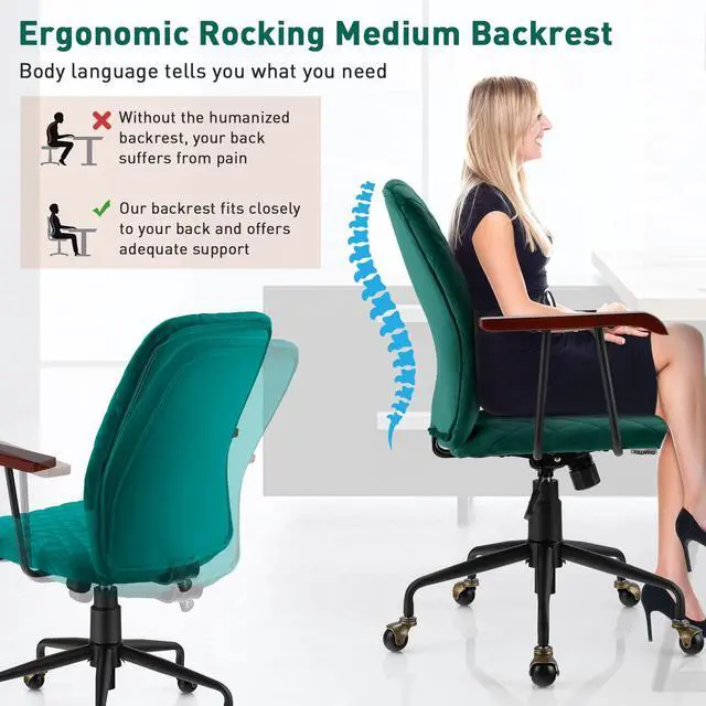 Alt view image 5 of 6 - Home Office Desk Chair Green, Vintage Adjustable Swivel Rolling Chair with Copper Wheels & Armrest, Mid Century Leisure Chair, Velvet Upholstered Computer Chair for Work, Study