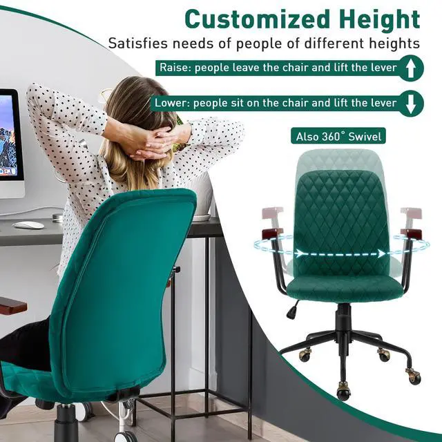 Alt view image 6 of 6 - Home Office Desk Chair Green, Vintage Adjustable Swivel Rolling Chair with Copper Wheels & Armrest, Mid Century Leisure Chair, Velvet Upholstered Computer Chair for Work, Study