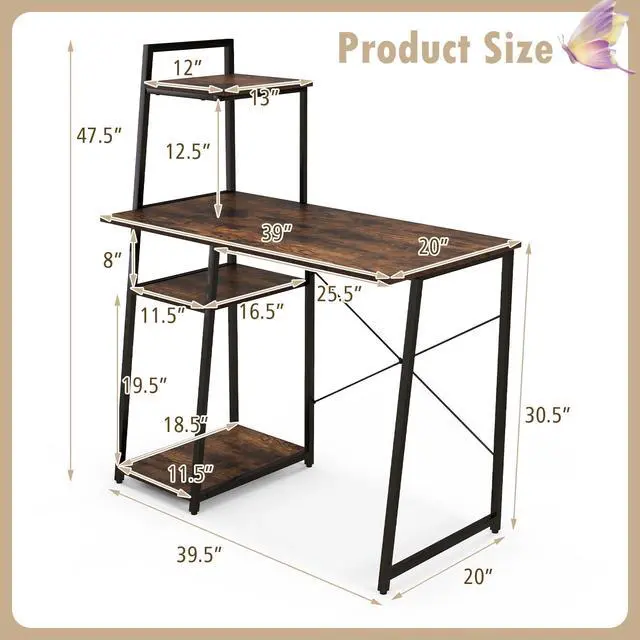 Alt view image 3 of 6 - Computer Desk with 4-Tier Storage Shelves, Home Office Desk Writing Table with Sturdy X-Shape Frame, Adjustable Foot Pads, Modern Simple Style Small Study Desk, Wide Tabletop (Brown and Black)
