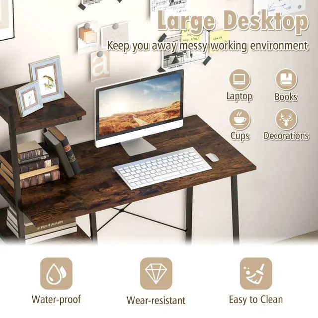 Alt view image 5 of 6 - Computer Desk with 4-Tier Storage Shelves, Home Office Desk Writing Table with Sturdy X-Shape Frame, Adjustable Foot Pads, Modern Simple Style Small Study Desk, Wide Tabletop (Brown and Black)