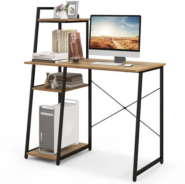 Main image of Computer Desk with 4-Tier Storage Shelves, Home Office Desk Writing Table with Sturdy X-Shape Frame, Adjustable Foot Pads, Modern Small Study Desk, Wide Tabletop (Natural and Black)