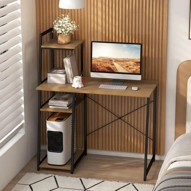 Alt view image 2 of 6 - Computer Desk with 4-Tier Storage Shelves, Home Office Desk Writing Table with Sturdy X-Shape Frame, Adjustable Foot Pads, Modern Small Study Desk, Wide Tabletop (Natural and Black)
