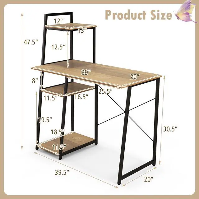 Alt view image 3 of 6 - Computer Desk with 4-Tier Storage Shelves, Home Office Desk Writing Table with Sturdy X-Shape Frame, Adjustable Foot Pads, Modern Small Study Desk, Wide Tabletop (Natural and Black)