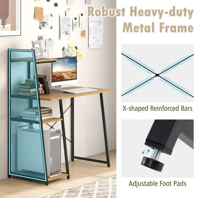 Alt view image 4 of 6 - Computer Desk with 4-Tier Storage Shelves, Home Office Desk Writing Table with Sturdy X-Shape Frame, Adjustable Foot Pads, Modern Small Study Desk, Wide Tabletop (Natural and Black)