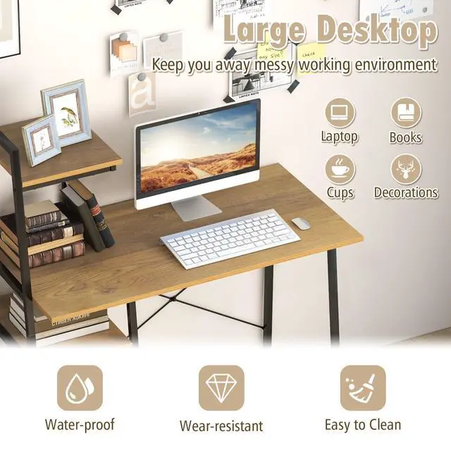 Alt view image 5 of 6 - Computer Desk with 4-Tier Storage Shelves, Home Office Desk Writing Table with Sturdy X-Shape Frame, Adjustable Foot Pads, Modern Small Study Desk, Wide Tabletop (Natural and Black)