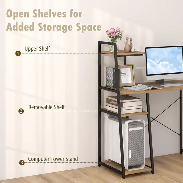 Alt view image 6 of 6 - Computer Desk with 4-Tier Storage Shelves, Home Office Desk Writing Table with Sturdy X-Shape Frame, Adjustable Foot Pads, Modern Small Study Desk, Wide Tabletop (Natural and Black)