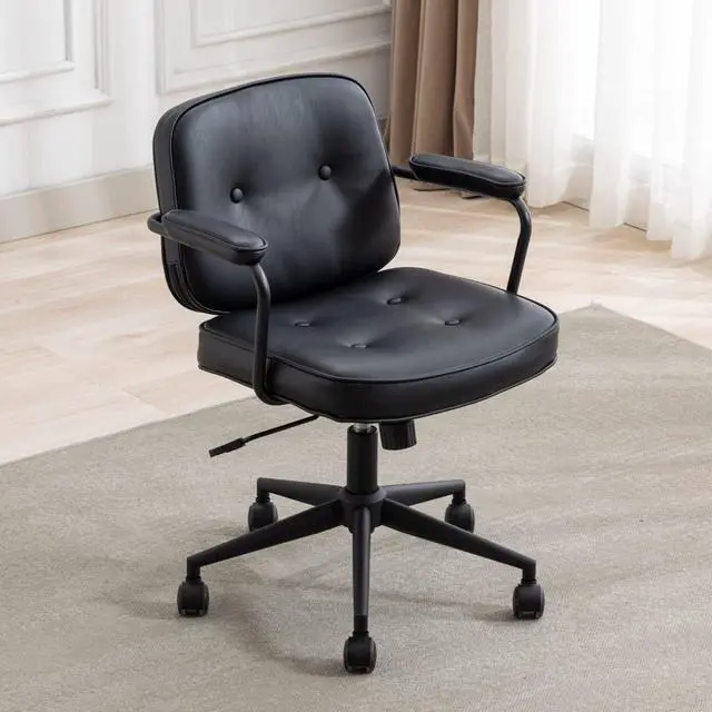 Main image of Modern Armless Desk Chairs Set of 1, Swivel Computer Task Chair with Wheels and Armrests, PU Leather Adjustable Office Chair with Backrest for Home Base, Black