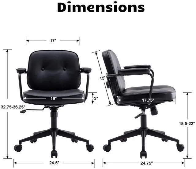 Alt view image 2 of 6 - Modern Armless Desk Chairs Set of 1, Swivel Computer Task Chair with Wheels and Armrests, PU Leather Adjustable Office Chair with Backrest for Home Base, Black