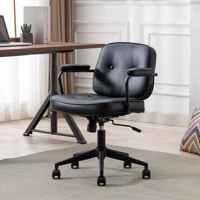 Alt view image 3 of 6 - Modern Armless Desk Chairs Set of 1, Swivel Computer Task Chair with Wheels and Armrests, PU Leather Adjustable Office Chair with Backrest for Home Base, Black