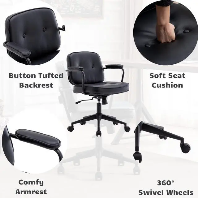 Alt view image 4 of 6 - Modern Armless Desk Chairs Set of 1, Swivel Computer Task Chair with Wheels and Armrests, PU Leather Adjustable Office Chair with Backrest for Home Base, Black