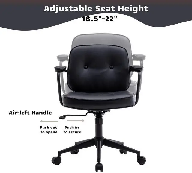 Alt view image 5 of 6 - Modern Armless Desk Chairs Set of 1, Swivel Computer Task Chair with Wheels and Armrests, PU Leather Adjustable Office Chair with Backrest for Home Base, Black