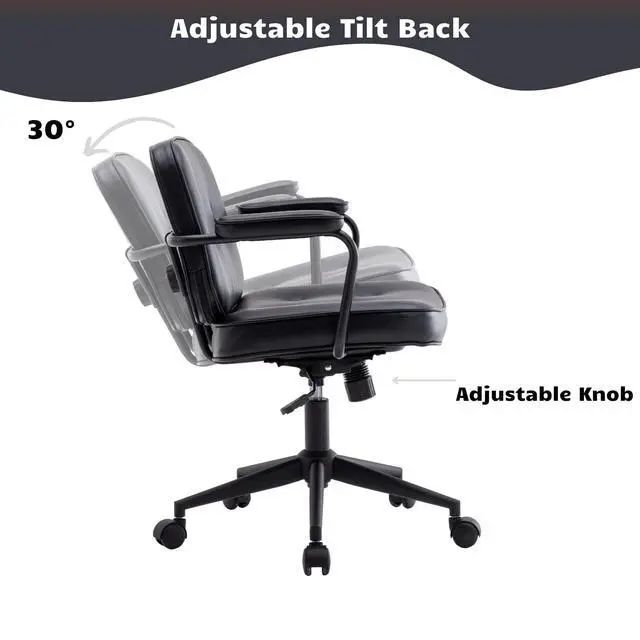 Alt view image 6 of 6 - Modern Armless Desk Chairs Set of 1, Swivel Computer Task Chair with Wheels and Armrests, PU Leather Adjustable Office Chair with Backrest for Home Base, Black