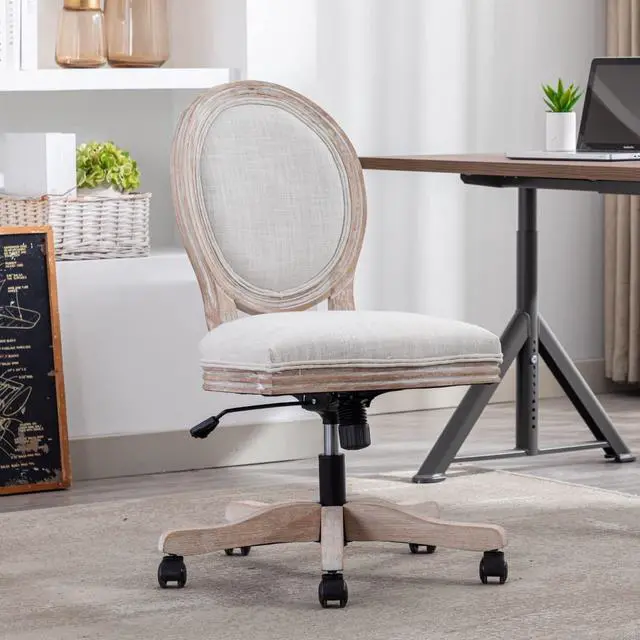 Main image of Armless Home Office Chair, Vintage Linen Fabric Desk Chair with Wheels and Mid Back Support, Swivel Vanity Chair for Bedroom, Beige