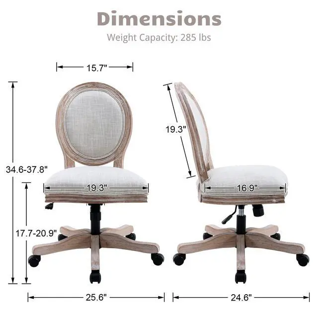 Alt view image 2 of 6 - Armless Home Office Chair, Vintage Linen Fabric Desk Chair with Wheels and Mid Back Support, Swivel Vanity Chair for Bedroom, Beige