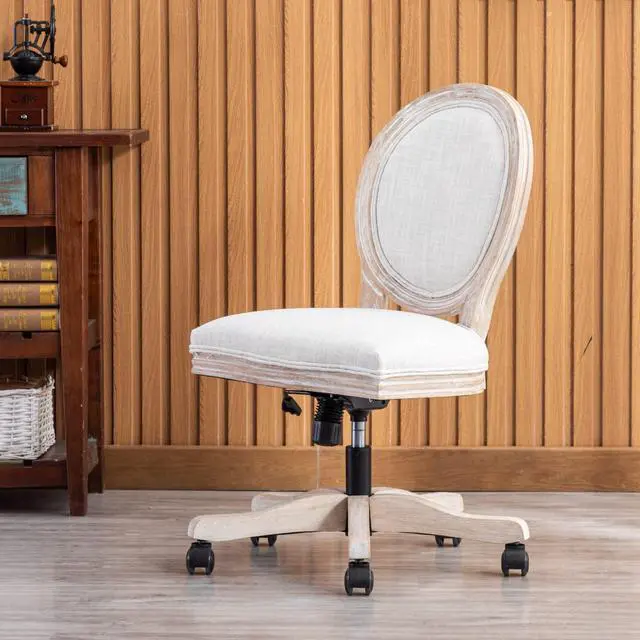 Alt view image 3 of 6 - Armless Home Office Chair, Vintage Linen Fabric Desk Chair with Wheels and Mid Back Support, Swivel Vanity Chair for Bedroom, Beige