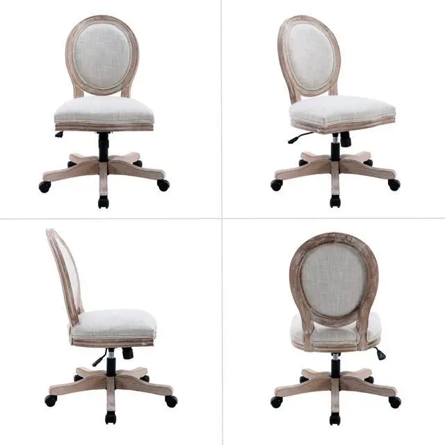 Alt view image 4 of 6 - Armless Home Office Chair, Vintage Linen Fabric Desk Chair with Wheels and Mid Back Support, Swivel Vanity Chair for Bedroom, Beige