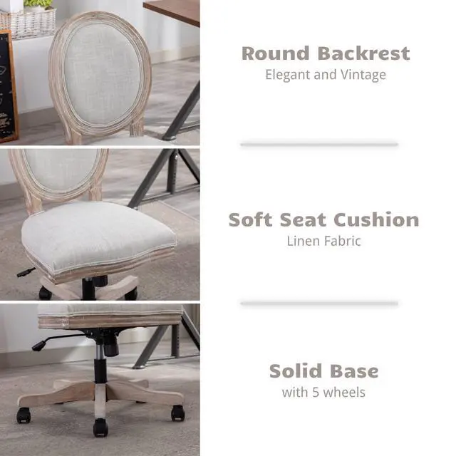 Alt view image 5 of 6 - Armless Home Office Chair, Vintage Linen Fabric Desk Chair with Wheels and Mid Back Support, Swivel Vanity Chair for Bedroom, Beige