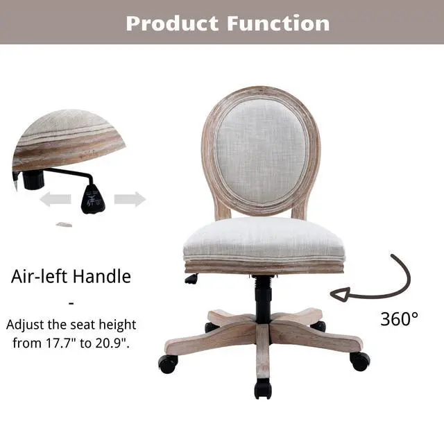 Alt view image 6 of 6 - Armless Home Office Chair, Vintage Linen Fabric Desk Chair with Wheels and Mid Back Support, Swivel Vanity Chair for Bedroom, Beige